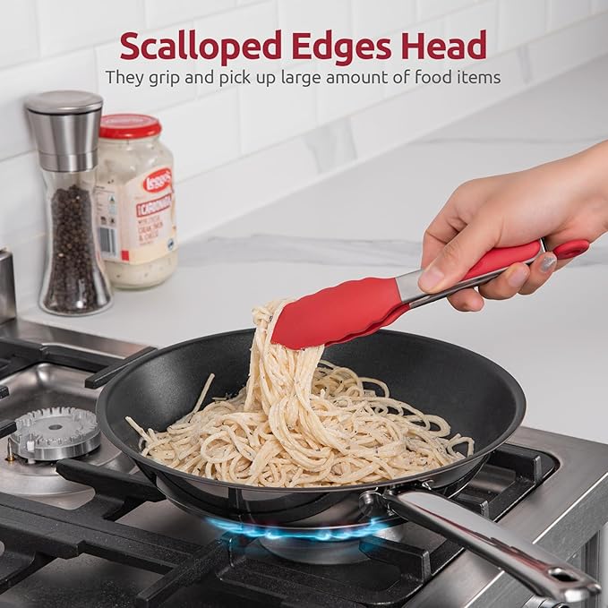 480ºF Heat Resistant Kitchen Tong: U-Taste 7 inch Silicone Cooking Tong with Firm Sealed Non Stick Rubber Tips & Silicon Coated 18/8 Stainless Steel Handle & Smooth Locking for Serving Salad (Red)