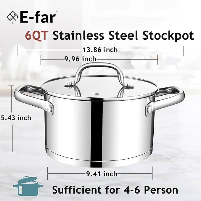 E-far 6 Quart Stock Pot with Lid, Stainless Steel Stockpot for Cooking Simmering Soup Pasta Sauce, with Tri-Ply Bottom & Visible Cover, Induction/Gas/Dishwasher Safe, Heavy Duty & Non Toxic