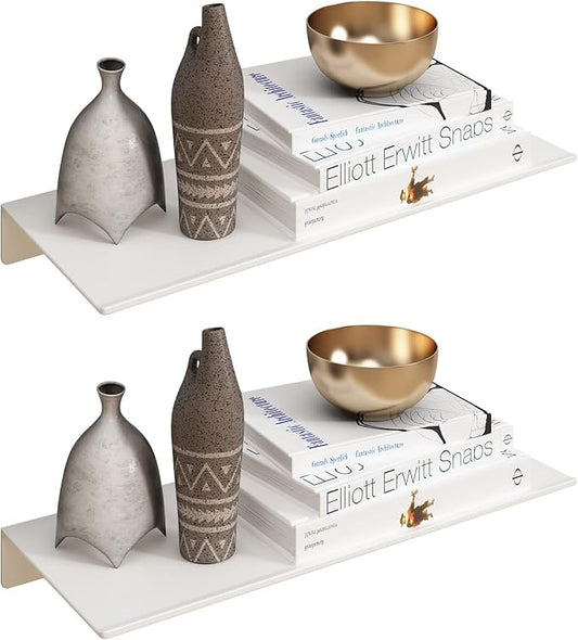 JOOM White Floating Shelves for Wall Storage, Metal Wall Shelves for Living Room, Bathroom, Kitchen, 12” Small Display Shelves for Collectibles(2 PCS)