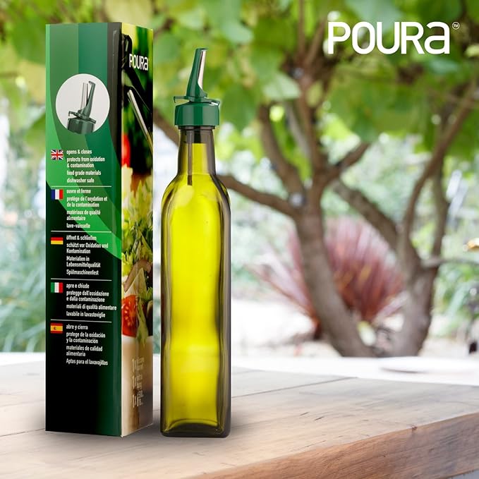 Poura Glass Olive Oil Bottle Drizzler with Pourer Spout - Hygienic Open and Close Pourer Prevents Oxidation Keeping Olive Oil Fresh - Includes Funnel for No Mess Or Wastage