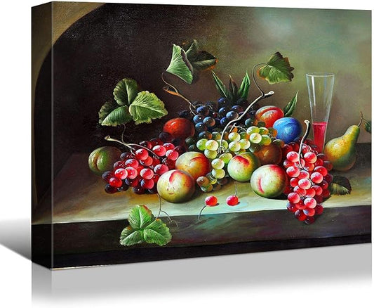 Looife Kitchen Still Life Canvas Wall Art, 48x32 Inch Gallery Wrapped Vintage Fruit Painting Picture Prints Wall Decor, Food Art Deco for Dining Room and Bar Wall Decoration