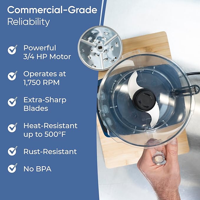 TK Tartle Commercial Food Processor - Heavy-Duty 600W Chopper, Slicer, Shredder & Blender w/Vegetable Prep Lid, Continuous Feed, 3L Mixer Bowl & Stainless Steel Blades