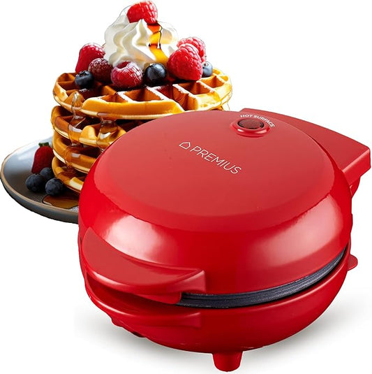 Ceramic Nonstick Mini Snack Waffle Maker, 4” Mold, Quick Heat for Crispy Waffles, French Toast, Tuna Melt, Egg & Grilled Cheese, Sandwiches for Kids & Family, Just Add Batter (Red)