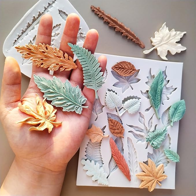 2PCS Leaf Silicone Molds, Tree Leaves Shape Cake Fondant Mold, 3D Unique Chocolate Candy Jello Biscuit Dessert Mold, Resin Plaster Polymer Clay Soap Mold, Cake Decorating Tool