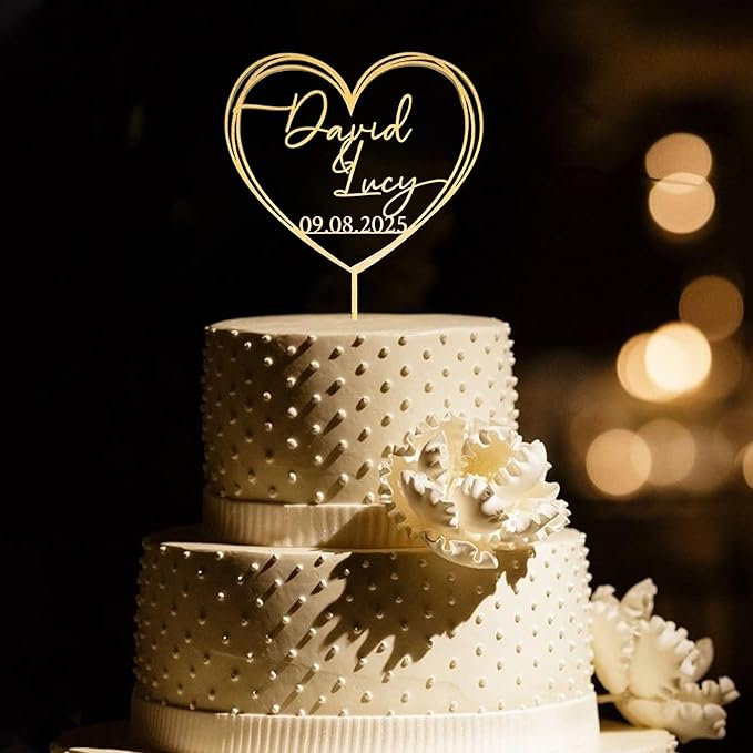 Personalized Wedding Cake Topper, Gold Cake Topper For Wedding, Rustic Weddings Cakes Topper, Personalized Acrylic or Wood Cake Decoration for Engagement, Anniversary, Bridal Shower 2