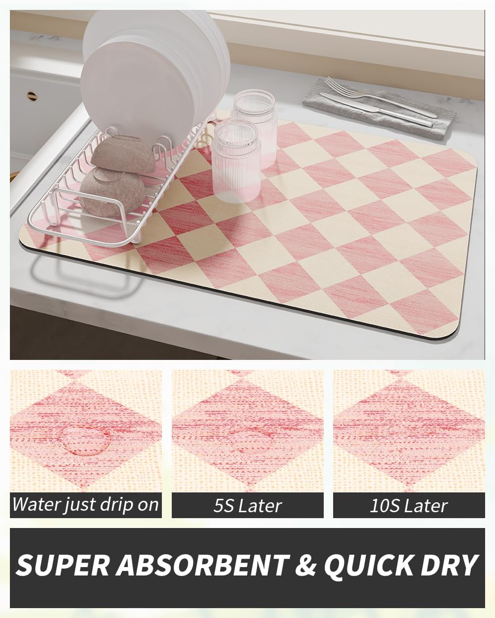 AMOAMI Coffee Mat Hide Stain Rubber Backed Absorbent Dish Drying Mat for Kitchen Counter - Fits Under Coffee Maker or Machine - PINK 16X24