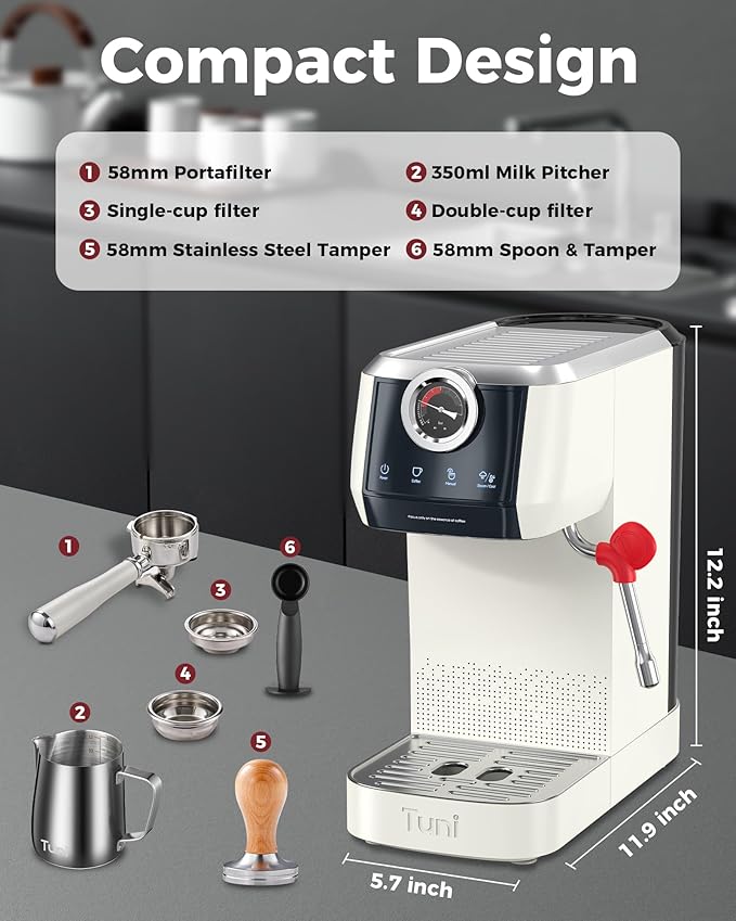 Tuni E2 58mm Espresso Machine 20Bar Espresso Maker, Dual Boiler Coffee Maker with 10mm Steam Milk Frother, Semi-automatic Coffee Machine with UKLA Pump for Espresso,Cappuccino, Gift for Coffee Lover