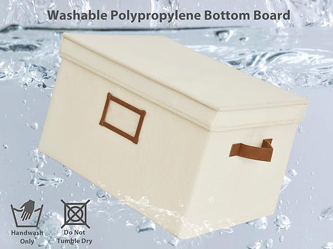 StorageWorks Storage Bins with Lids, Decorative Storage Boxes with Lid and PU Handles, Foldable Storage Baskets for Closet, Shelves, Stackable, Ivory White, Jumbo, 3-Pack