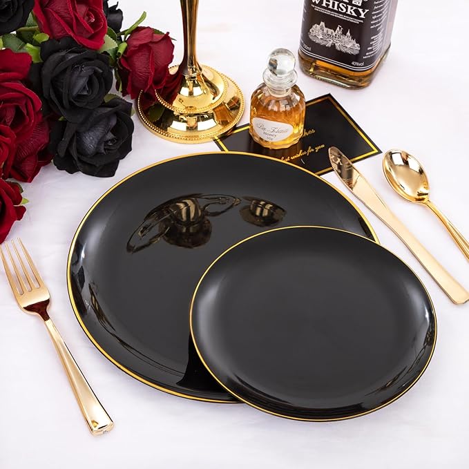 KIRE 100PCS Black and Gold Plates - Black Plastic Plates Disposable with Gold Rim for Party/Wedding/Graduation Include 50Pcs 10.25inch for Dinner and 50Pcs 7.5inch for Dessert/Salad
