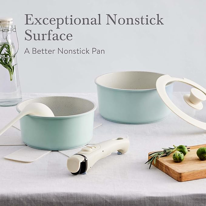 6 Piece Ceramic kitchen Cookware Set, 2QT And 3QT Pot with Lid And Removable Handles, Saucepans Cookware for Braising, Stews, Roasting, Bread Baking Green