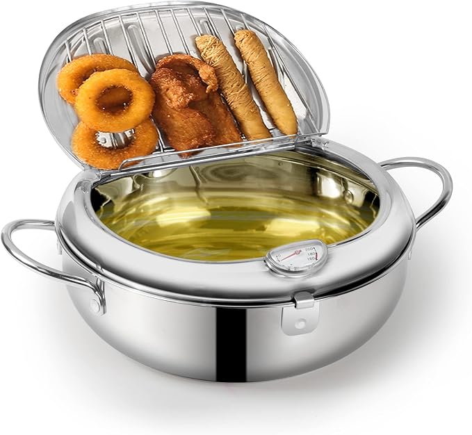 Deep Fryer Pot, 304 Stainless Steel Frying Pot with Temperature Control, Lid and Oil Drip Drainer Rack for Kitchen French Fries, Chicken Large Size 9.4 Inch/3.4 L Father's Day Gift