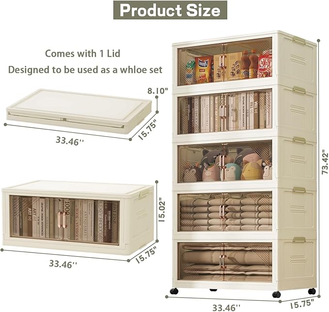 KHNR 5Packs Stackable Storage Bins with Lid, 36 Gal Closet Organizer and Storaging Drawer, Collapsible Storage Box with Wheels, Plastic Clothes Storage Cabinet Containers for Home, Office, Dorm