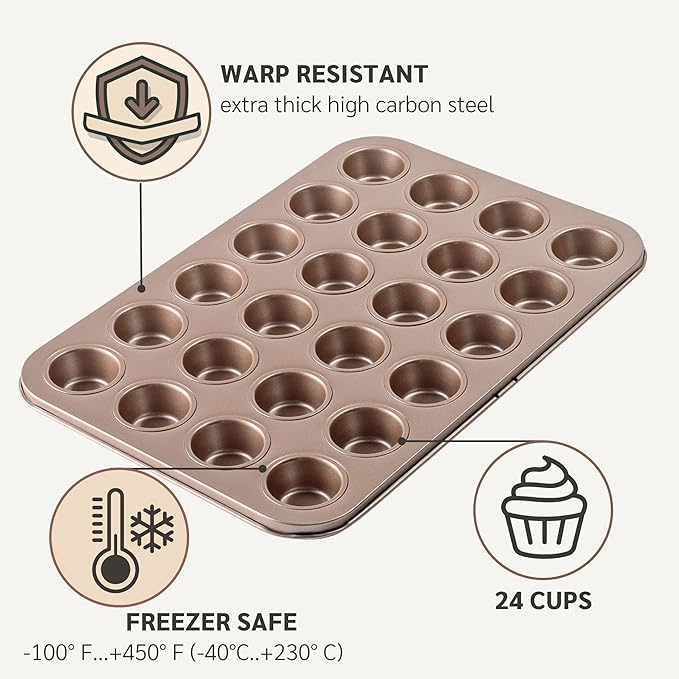 Non Toxic Nonstick 24 Cup Mini Muffin Pan | PFOA BPA free Nontoxic Mini Cupcake Tin | Best Non Stick Muffin Pans | Carbon Steel Small Muffin tins | Cupcakes Bakeware Mold
