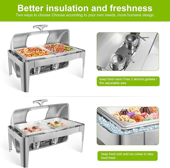 Rectangular Roll Top Chafing Dish Buffet Set, Catering Food Warmer for Parties, Half Full Size & 3 Party-Size Chafing Server Dish, 14QT Water Pan for Birthday Party Thanks Giving New Year Party