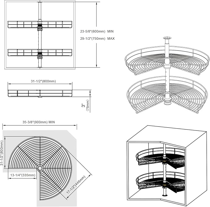 Dowell 32" Kidney Lazy Susan, 2 Shelves, Kitchen Base Corner Cabinet Organizer (Chrome 4001 270 32)