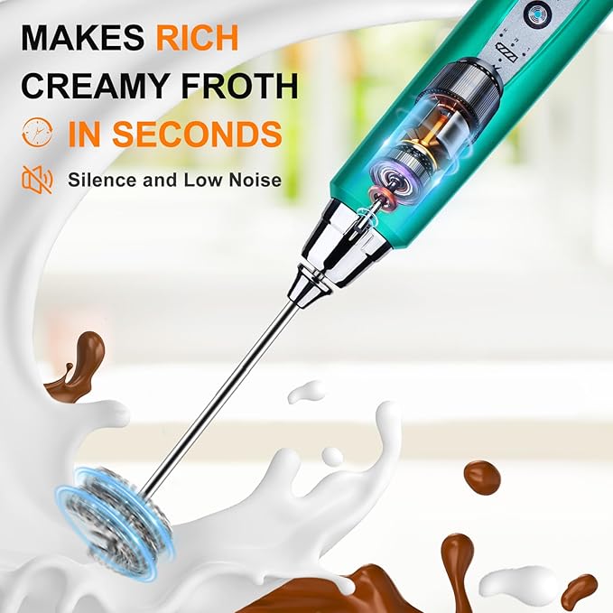 YUSWKO Turquoise Handheld Milk Frother Wand for Coffee, Rechargeable Electric Whisk with 3 Heads 3 Speeds Drink Mixer Coffee Frother For Latte, Cappuccino, Hot Chocolate, Egg