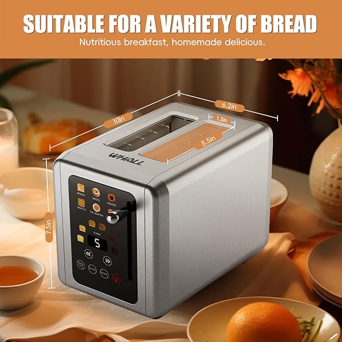 WHALL® Touch Screen Toaster 2 Slice, Stainless Steel Digital Timer Toaster, 6 Bread Types & 6 Shade Settings, Smart Extra Wide Slots Toasters With Bagel, Cancel, Defrost Functions