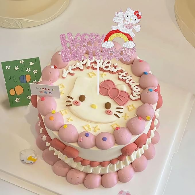 Cute Cat Cake Decorations, Cake Topper, Cartoon Birthday Party Decorations (Pink1)