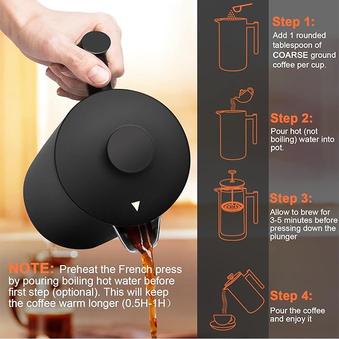 Secura French Press Coffee Maker with 3-Layer Stainless Steel Filter, 34 oz Black, Double-Walled Insulated Design with 2 Extra Filters