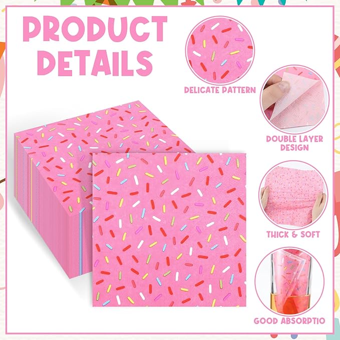 100 Pcs Sprinkles Napkins 2 Ply Disposable Paper Napkins for Baby Shower Birthday Party Theme Table Decor Supplies (Pink,Donut)