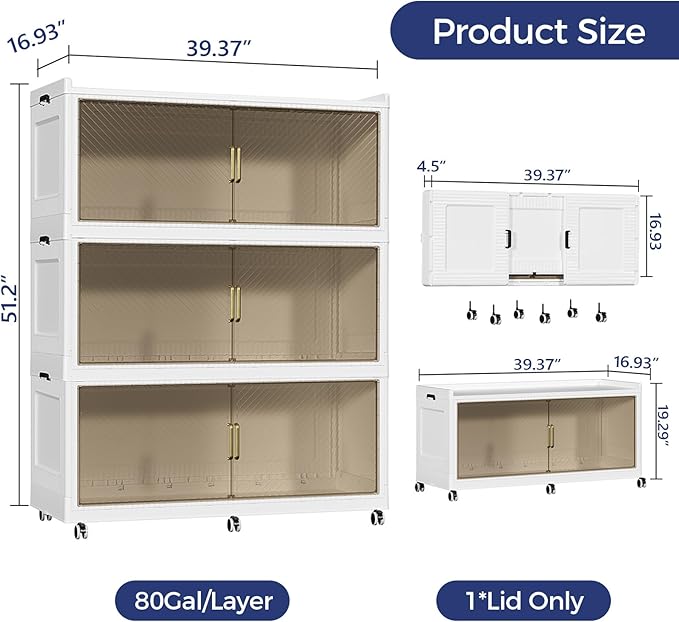 240GAL Extra Large Stackable Storage Bins with Lid, 960QT Plastic Storage Bins with 6x Wheels, Collapsible Closet Organizer and Storage Drawer Cabinet for Living Room Office Dorm, 3Pack White