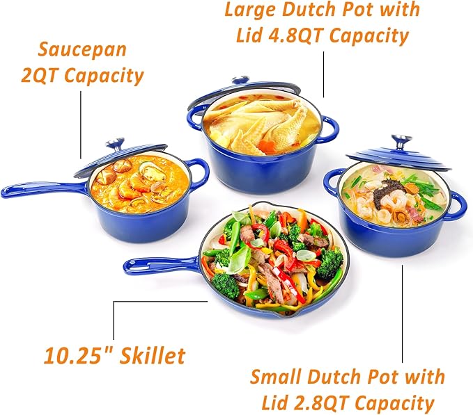 Hisencn Enameled Cast Iron Cookware Set - 7 Piece Set of Dutch Ovens, Sauce Pan, Skillet, 3 Lids, Dutch Oven Set, Ceramic Coated Cast Iron, Heavy Duty, Gas/Induction Compatible, PFA Free, Cobalt Blue