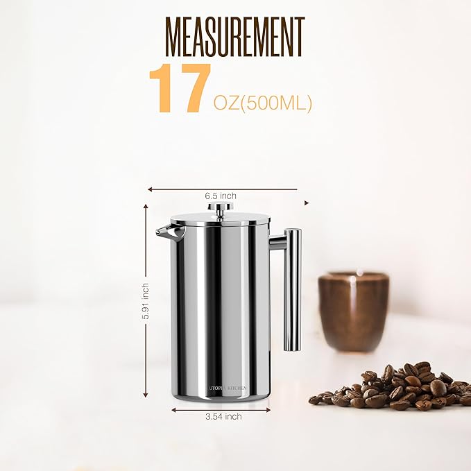 Utopia Kitchen French Press Coffee Maker, Double Wall Insulated Stainless Steel Coffee Press with 4-Level Filtration system, Includes 2 Extra Filters, Rust-Free, Dishwasher Safe (Silver, 17 Ounce)