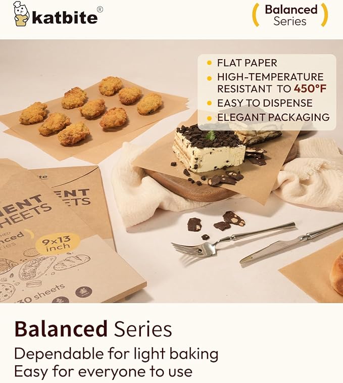 Katbite 130 Pcs Parchment Paper Sheets, 9x13 Inches Unbleached Baking Paper Non-Stick for Gently Baking, Pre-cut Parchment Paper Suitable for Baking, Cooking,Air Fryer [Balanced Series]
