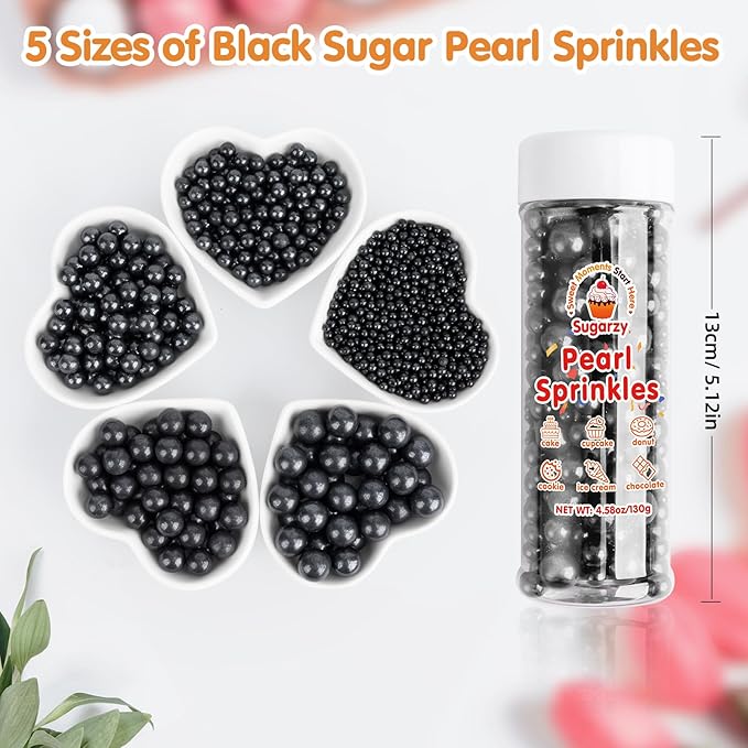 Edible Pearl Sprinkles,Black Pearls Sugar Sprinkle,130g Mix Size Halloween Baking Cake Decorations Candy,Cupcake Toppers,Cookie Decorating Donuts Ice Cream Toppings, Birthday Party Supplies
