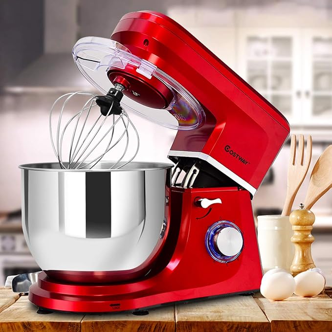COSTWAY Stand Mixer, 7.5-Quart 660W 6-Speed Electric Mixer with Stainless Steel Bowl, Tilt-head Food Mixer with Dough Hook, Beater, Whisk (Red)
