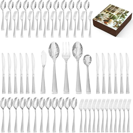 KINGSTONE Silverware Set, 65-Piece Flatware Set for 12, 18/10 Stainless Steel Cutlery Set with Bead Edge, Utensil for Kitchen, Home, Party, Wedding, Mirror Polished, Dishwasher Safe, Featured Gifts