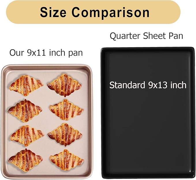 Baking Sheet Tray 9 x 11 Inch Cookie Sheet Nonstick, 2-Pack Heavy Duty Small Baking Pans, Carbon Steel, Gold - Bakeware Sets for Cookies, Roasting, Oven Safe, Easy to Clean