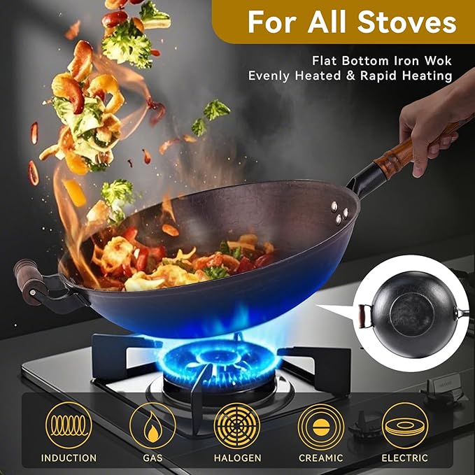 WANGYUANJI 14.2 Inch Cast Iron Wok with Lid – Flat Bottom Chinese Stir Fry Pan, Handcrafted Non-Coated Iron Cookware for Induction, Gas & Electric Stoves, Black