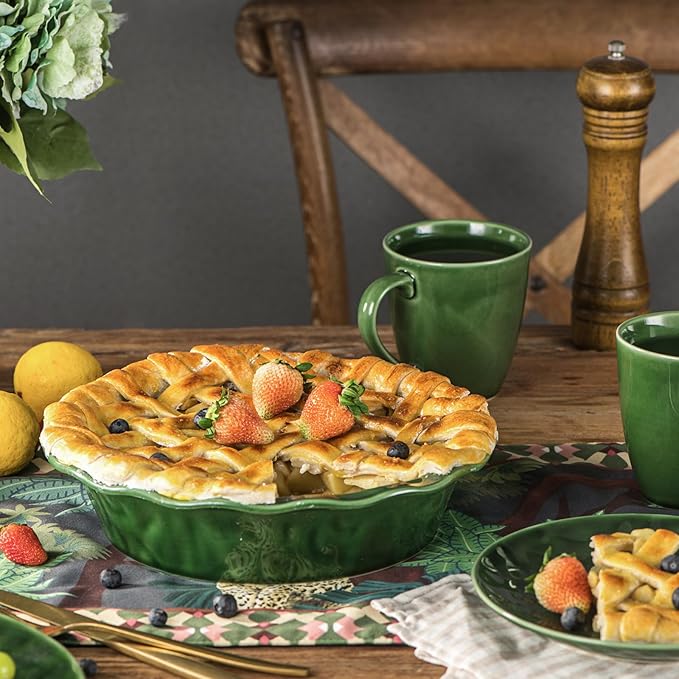Vicrays Ceramic Pie Pan - 9 Inch Round Fluted and Deep Pie Dish for Tart Pizza Quiche Pot Pies Cake - Reactive Glaze (Green)