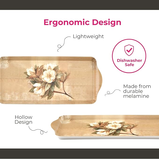 Pimpernel Sugar Magnolia Sandwich Tray - Rectangular Melamine Snack Tray with Blooming Floral Design, Pink & Green Tones - Dishwasher Safe Serving Platter for Breakfast Pastries or Decorative Display