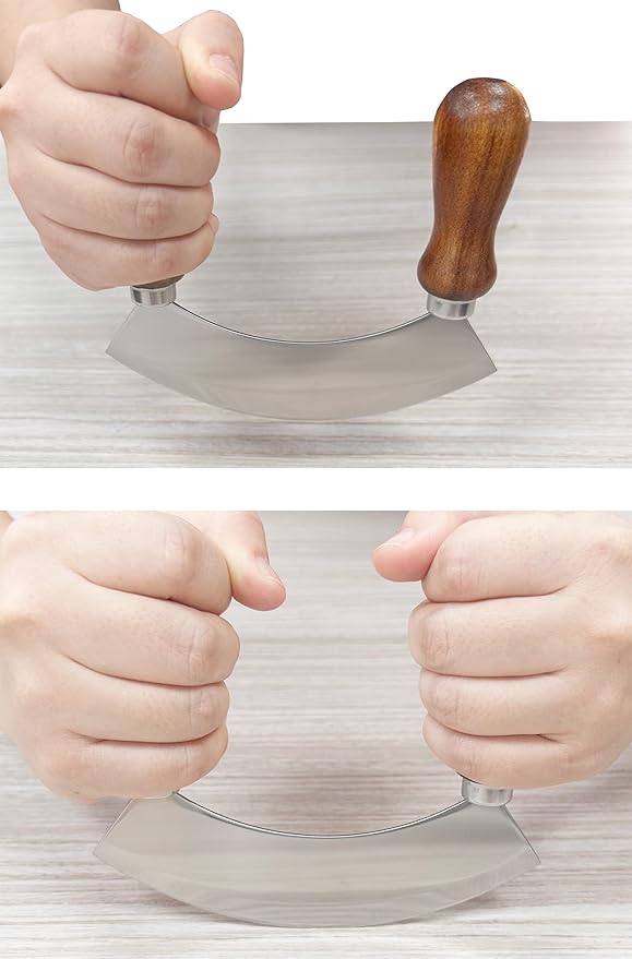 5.4 Inch Stainless Steel Mezzaluna Knife - Salad Chopper Rocker Pizza Cutter Rocker Knife Curved Blade Sharp Blade Double Acacia Wood Handle Fruit Vegetable Mincing (5.4 Inch Black)