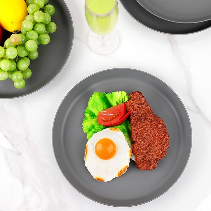 18pcs Dark Grey Wheat Straw Plate Set - Unbreakable Deep Dinner and Lightweight Salad Plates for Camping, Kitchen, Picnics