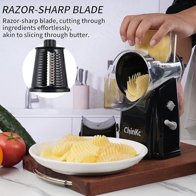 Rotary Cheese Grater Shredder - Upgraded 5 in 1 Cheese Grater with Handle and Strong Suction Base, Multi-purpose Julienne Slicer Ice Shaver Nuts Grinder for Ice, Vegetables, Fruit, Nuts