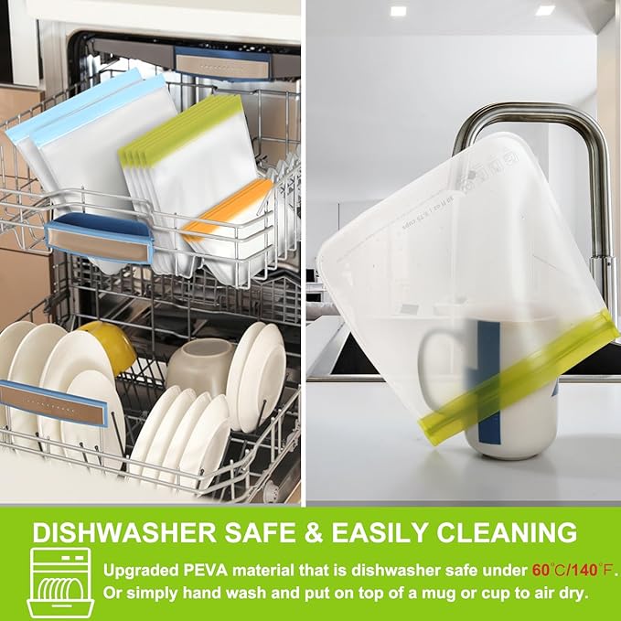 SPLF 12 Pack Dishwasher Safe Reusable Bags Silicone, Leakproof Reusable Freezer Bags, BPA Free Reusable Storage Bags for Lunch Marinate Food Travel - 2 Gallon 5 Sandwich 5 Snack Bags