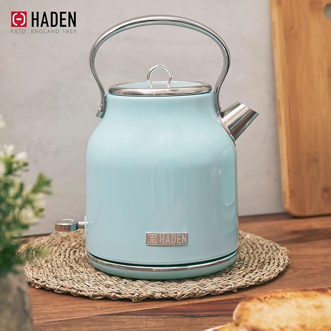Haden Heritage 1.7 Liter Stainless Steel Electric Kettle, Hot Water Kettle with 360-Degree Base and Auto Shutoff, Turquoise & Chrome