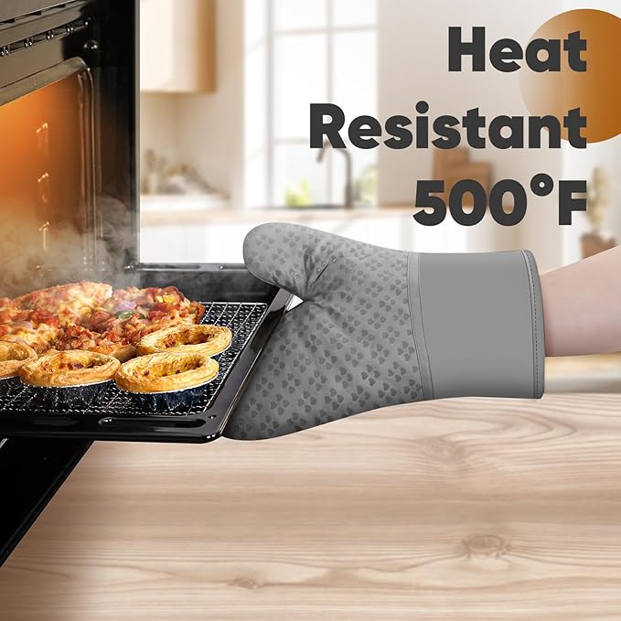 Oven Mitts and Pot Holders 4 Sets, Heat Resistant 500 ℉ Oven Mitt and Pot Holder,Oven Glove&Potholders with Non-Slip Silicone Surface,Kitchen Essentials for Cooking/Baking/BBQ-Grey