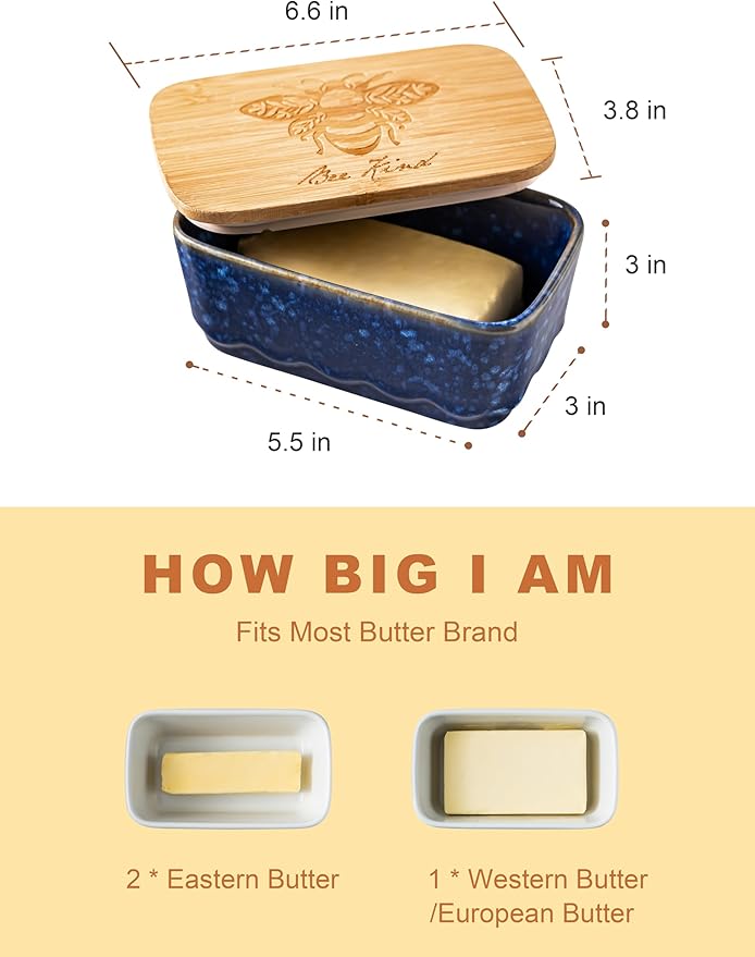 Ceramic Butter Dish with Lid, Covered Butter Dish for Countertop, Airtight Butter Holder Crock with Airtight Seal, HoneyBee Kitchen Decor, Blue