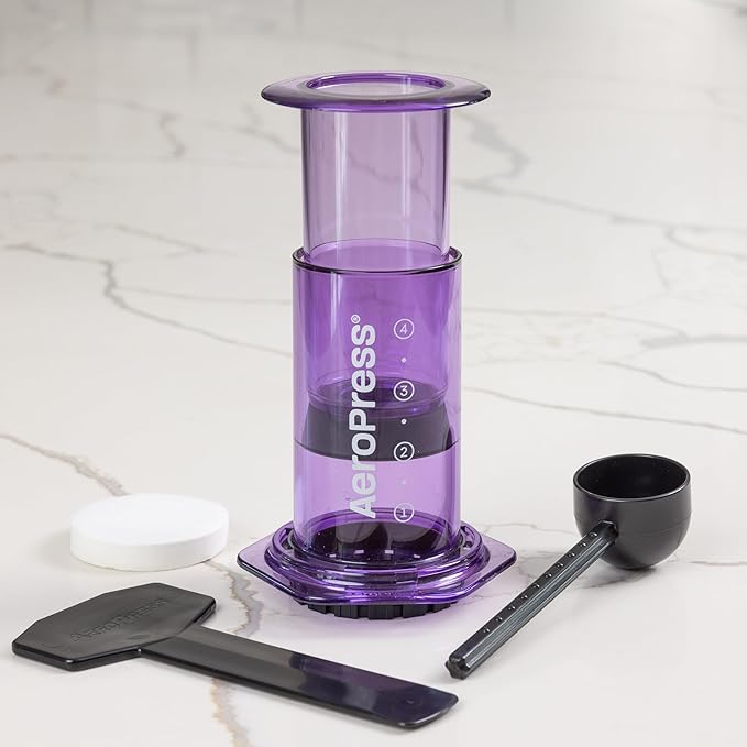 AeroPress Clear Purple Coffee Press – 3 In 1 Brew Method Combines French Press, Espresso, Full Bodied Coffee Without Grit or Bitterness, Small Portable Coffee Maker for Camping & Travel, Purple