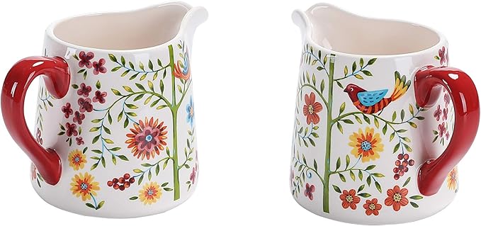 Bico Red Spring Bird Ceramic Sugar and Creamer Set, Sugar Bowl with Lid, Cute Container for Coffee Bar, Kitchen Countertop Accessories, Microwave and Dishwasher Safe
