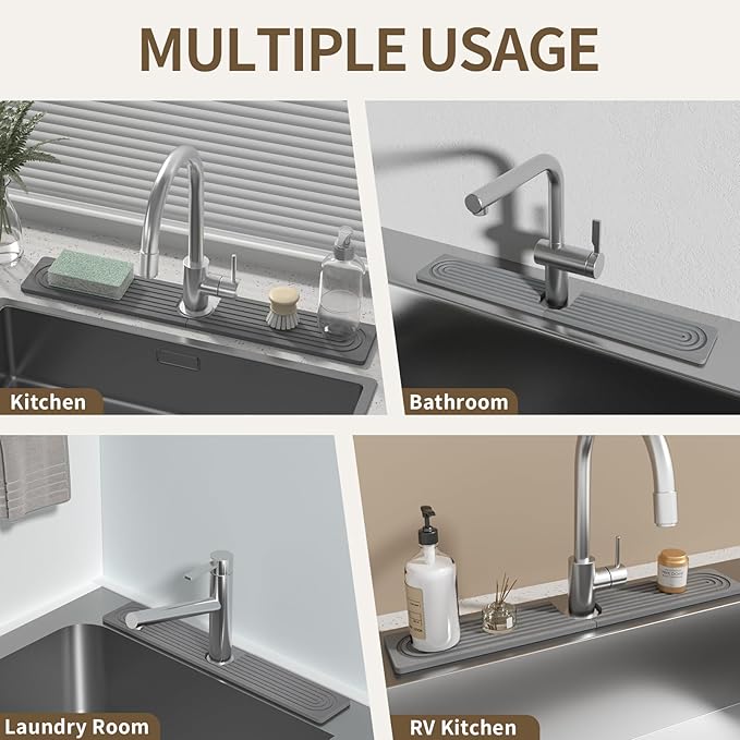 Faucet Mat for Kitchen Sink, Diatomite Stone Drying Sink Protectors, Bathroom Faucet Splash Guard, Quick Dry Water Absorbing, Non-Slip Stone Tray for Kitchen Counter, Grey, 23.6" x 3.9"