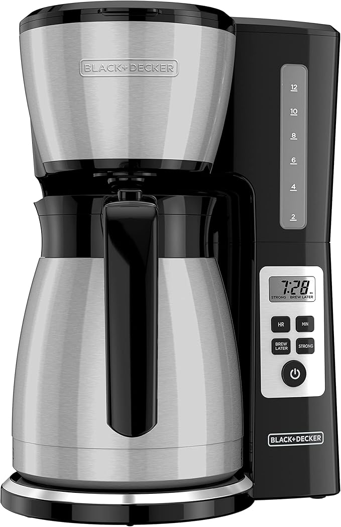 BLACK+DECKER 12 Cup Thermal Programmable Coffee Maker with Brew Strength and VORTEX Technology, Black/Steel