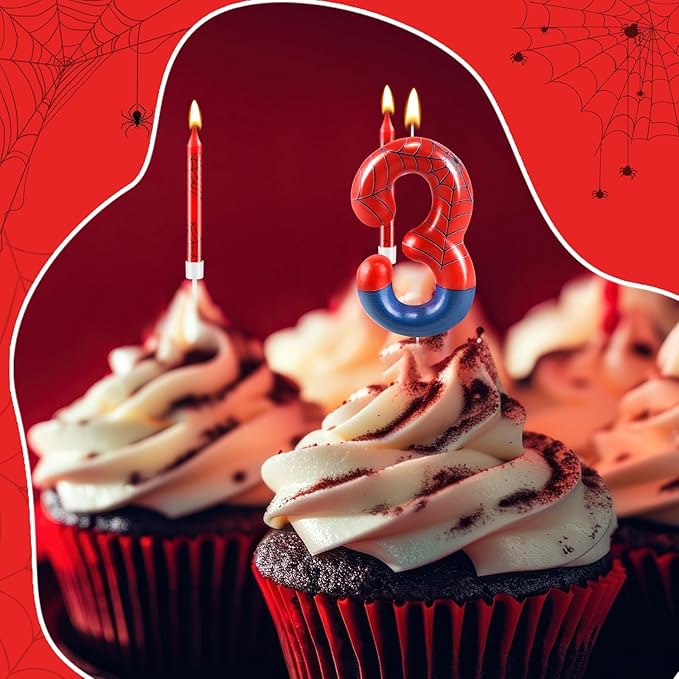 13 Pcs Spider Themed Birthday Candle Set Red Spider Theme Number 3 Candle Cake Topper for Boys Girls Birthday Decoration Spider Party Decoration Supplies (Number 3)