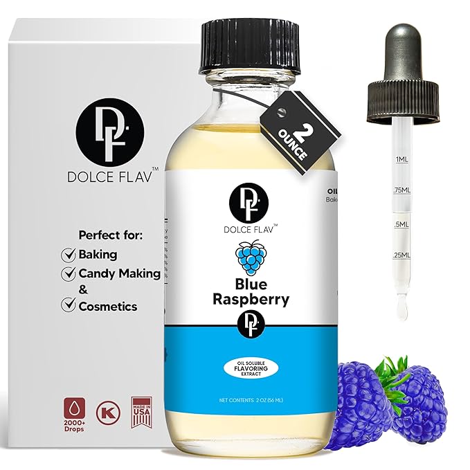 Dolce Flav Blue Raspberry Extract – 2 Ounce Oil-Soluble Kosher, Sugar-Free, Concentrated Blue Raspberry Flavoring for Baking, Chocolates & Desserts, Includes Measured Dropper