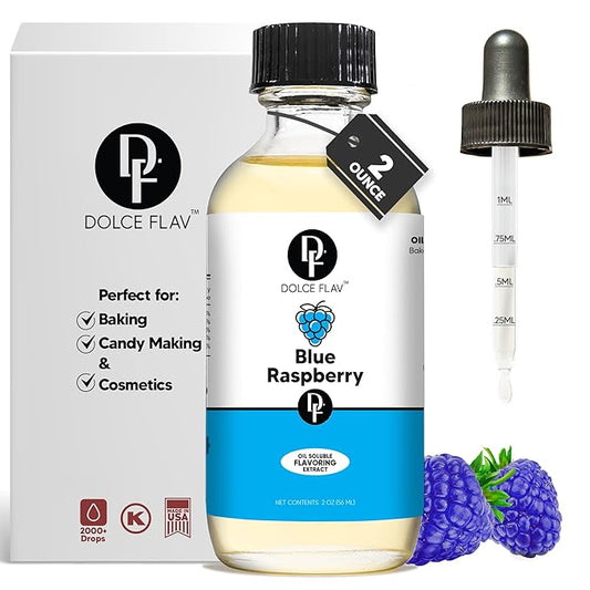 Dolce Flav Blue Raspberry Extract – 2 Ounce Oil-Soluble Kosher, Sugar-Free, Concentrated Blue Raspberry Flavoring for Baking, Chocolates & Desserts, Includes Measured Dropper