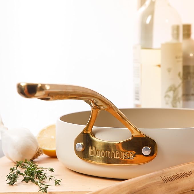 bloomhouse - Oprah's Favorite Things - 8 Inch Heavy Duty Aluminum Premium PFA Free Ceramic Nonstick Saute/Deep Frying Pan Skillet - Almond Cream w/Gold Handle